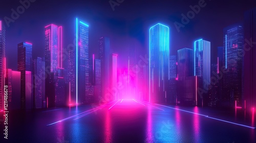 Futuristic cityscape with neon lights and towering buildings 