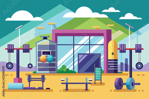 The illustration showcases a colorful gym with weights, exercise machines, and a welcoming exterior Gym Customizable Flat Illustration