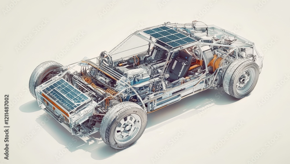 Transparent solar-powered car cutaway. Transparent solar-powered car cutaway.