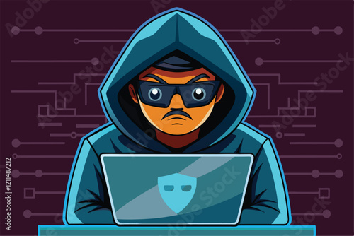 A hacker focuses on their laptop, surrounded by a vibrant, tech-inspired digital backdrop Hacker Customizable Cartoon Illustration