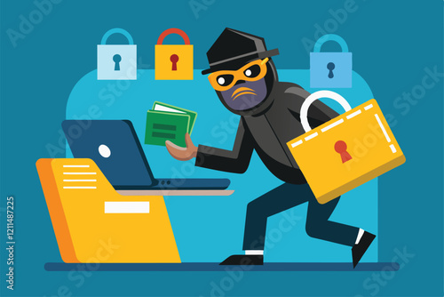 A hacker attempts to access a secured folder on a computer, carrying stolen data and tools hacker break into locked folder