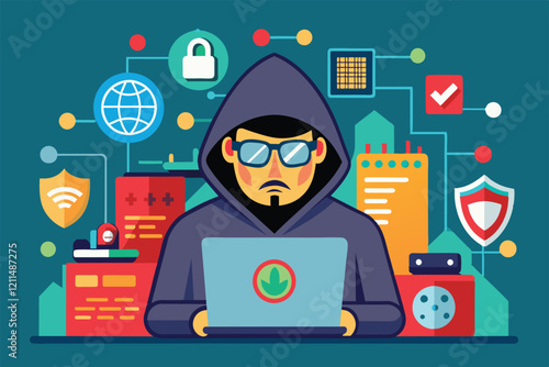 A character works on a laptop surrounded by various cybersecurity icons and data visuals Hacker Customizable Flat Illustration