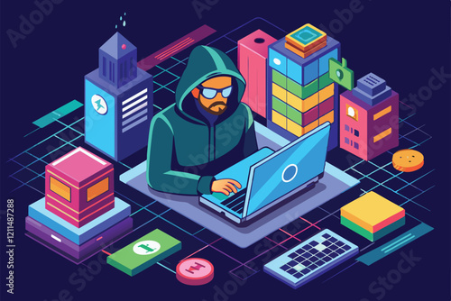 A hacker uses a laptop while surrounded by colorful buildings and tech items in a digital landscape Hacker Customizable Isometric Illustration