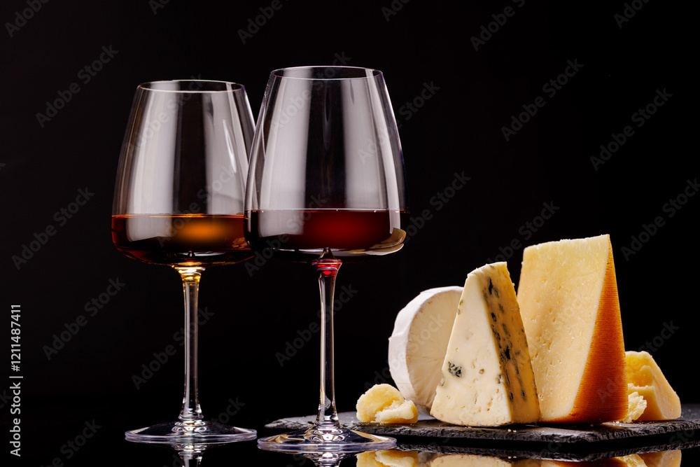 A refined selection of aged cheeses presented on a board, accompanied by a glasses of wine A refined selection of aged cheeses presented on a board, accompanied by a glasses of wine