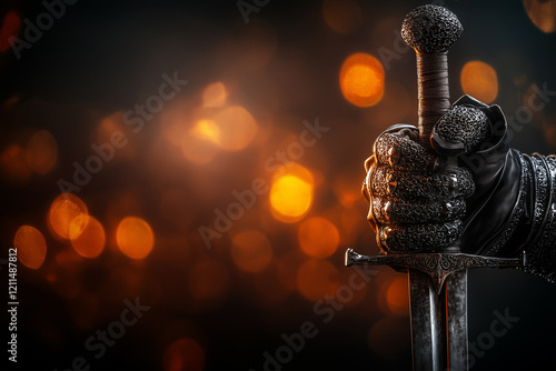 Medieval sword in the hand of a knight in gauntlets close up on a sparkling background. photo