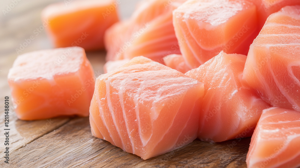 Fresh Salmon Cubes: A close-up of succulent, raw salmon cubes, cut into perfect squares, glistening with natural oils and ready for cooking. This image captures the essence of fresh seafood.