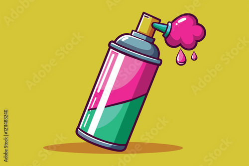 A cartoon hair spray canister with colorful flair and playful design is shown with pink liquid droplet Hair spray Customizable Cartoon Illustration