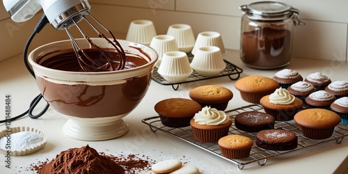 Whisking Chocolate Batter for Cupcakes with Cocoa Powder and Baked Goods Setup photo