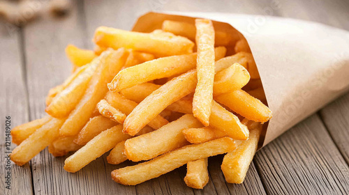 Golden Fry Delight: A paper cone overflows with crispy golden french fries, tempting the senses and promising a satisfyingly crunchy treat. photo