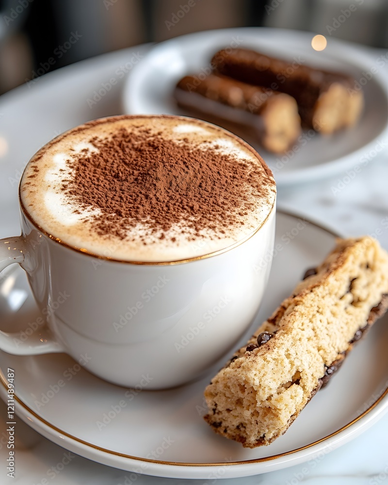 Frothy Cappuccino with Cocoa Powder and Biscotti on Marble Countertop Frothy Cappuccino with Cocoa Powder and Biscotti on Marble Countertop