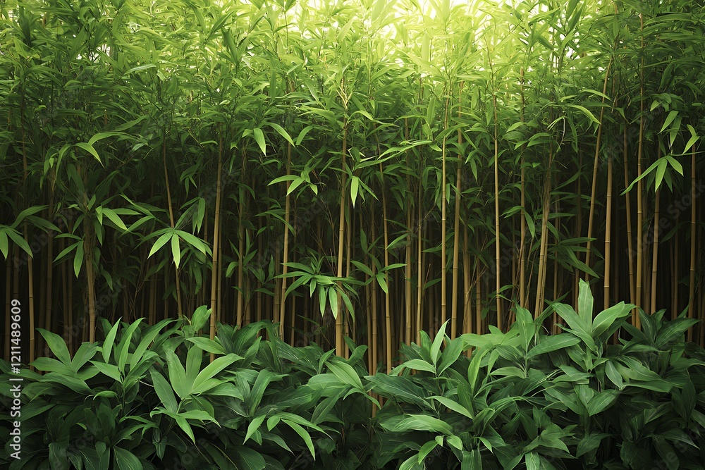 Naklejka premium Lush Green Bamboo Forest: A Tranquil and Serene Natural Scene