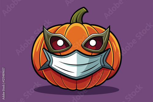 A festive pumpkin is decorated with a face mask and a whimsical face, perfect for Halloween celebrations Halloween pumpkin with a face mask Customizable Flat Illustration