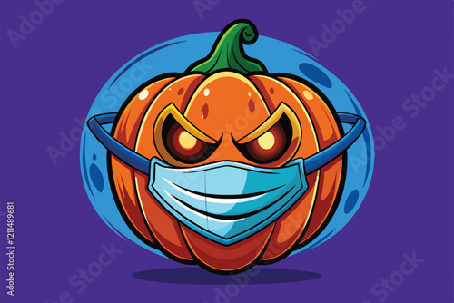 A carved pumpkin with an angry face is wearing a blue face mask for Halloween festivities Halloween pumpkin with a face mask Customizable Flat Illustration photo