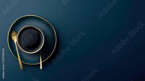 Top view of a cup of black coffee on a dark blue saucer with a gold rim and spoon. photo