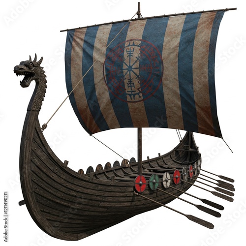 A detailed Viking longship with a dragon head prow and a striped sail, isolated on a white background