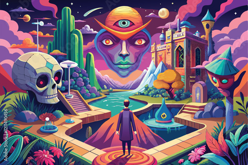 A figure stands before a vibrant fantasy environment featuring surreal mountains, a giant face, and strange flora Hallucinations, imagination and fantasy,