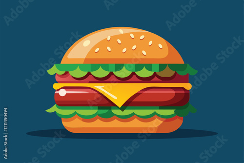 A deliciously made customizable hamburger stacked with fresh lettuce, cheese, and tomato Hamburger Customizable Flat Illustration