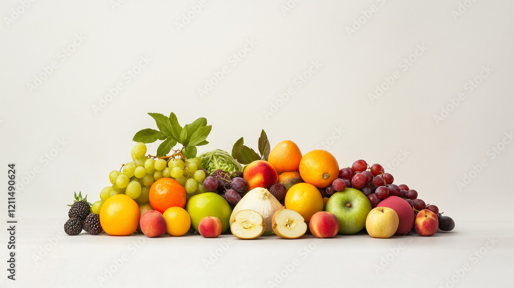 Vibrant Fruit Abundance: A bountiful collection of fresh, ripe fruits, including grapes, oranges, apples, peaches, and plums, artfully arranged in a visually appealing display. Vibrant Fruit Abundance: A bountiful collection of fresh, ripe fruits, including grapes, oranges, apples, peaches, and plums, artfully arranged in a visually appealing display.