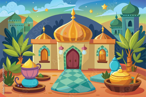 A colorful hammam stands gracefully amidst lush greenery under a twilight sky Hammam Customizable Cartoon Illustration