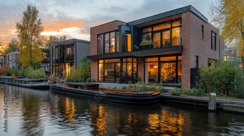 Modern canal house sunset, autumn, Netherlands