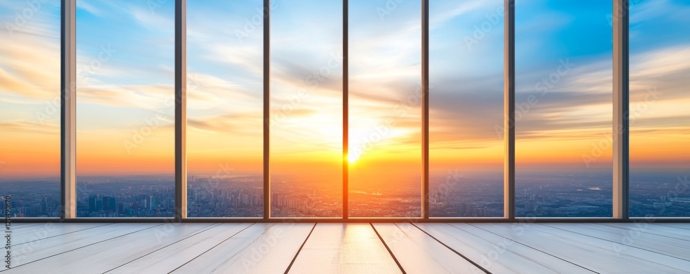 Fototapeta premium Empty Boardroom Table with City Skyline