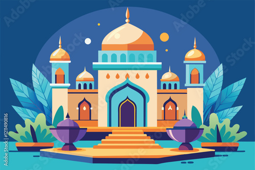 An elegant hammam features intricate domes surrounded by lush plants and decorative fountains Hammam Customizable Semi Flat Illustration