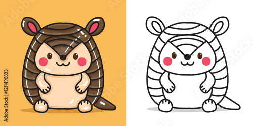 A cute Armadillo cartoon illustration for a sticker, design element, or coloring book element