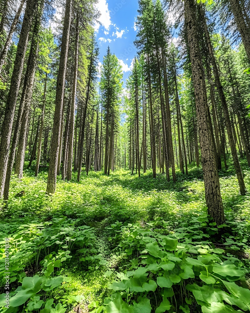 Lush Summer Forest bathed in Sunlight, a Tranquil and Peaceful Nature Scene Lush Summer Forest bathed in Sunlight, a Tranquil and Peaceful Nature Scene