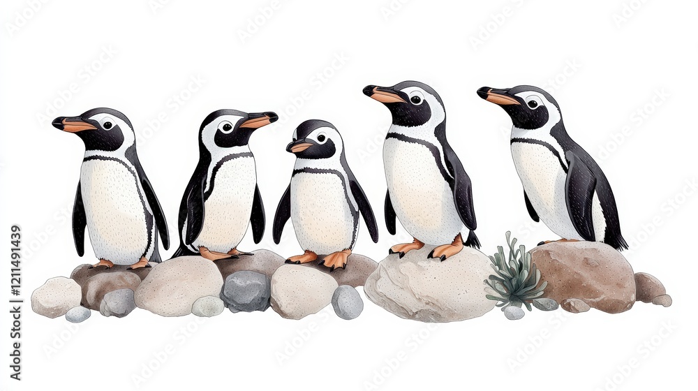 Fototapeta premium A charming illustration featuring five adorable penguins standing among smooth stones, perfect for nature-themed designs.
