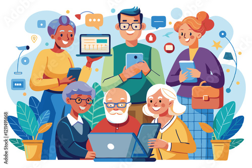 Groups of seniors joyfully using various devices while learning about technology together Hand-drawn seniors using technology illustration