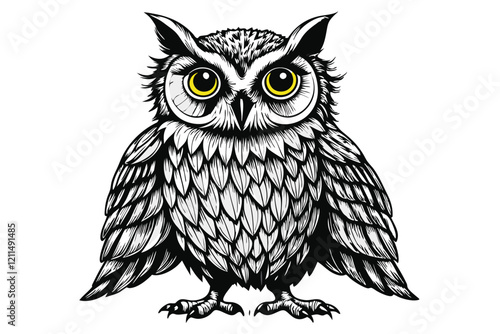 A beautifully illustrated owl stands alone, displaying distinct features and striking yellow eyes Hand drawn sketch of an owl isolated on white