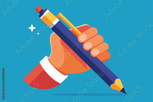 A hand grips a vibrant pen, ready for creative ideas and inspiration in a bright setting Hand holding pen Customizable Flat Illustration