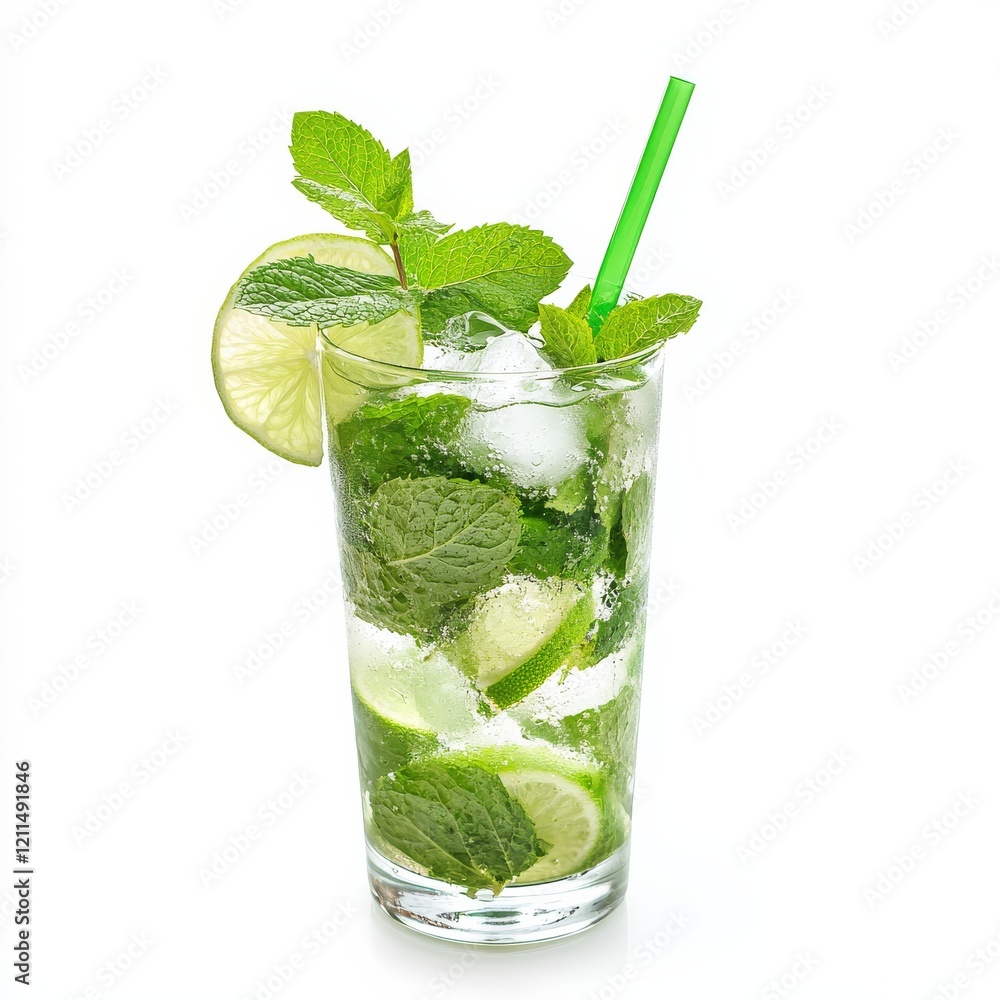 A tropical and refreshing Mojito cocktail with muddled mint leaves, lime wedges, rum A tropical and refreshing Mojito cocktail with muddled mint leaves, lime wedges, rum