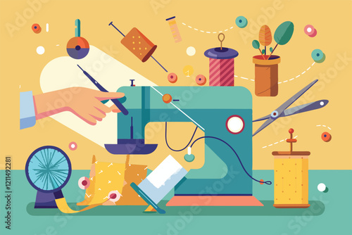 A colorful array of sewing supplies and tools with a sewing machine in a bright workspace Hand sewing Customizable Flat Illustration
