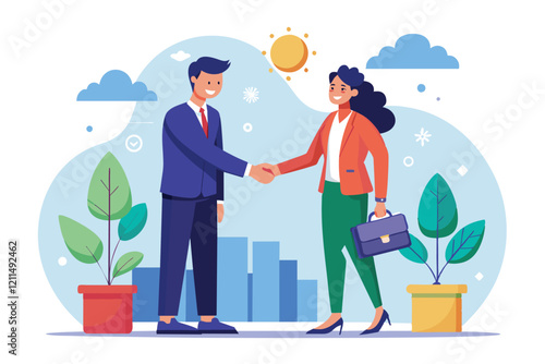 Two individuals shake hands to solidify a business partnership in a bright, cheerful environment Handshake for business partnership concept