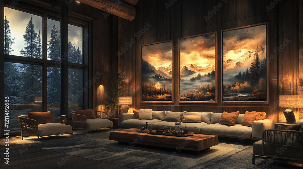 Cozy cabin living room with large landscape artwork, comfortable seating, and warm lighting.