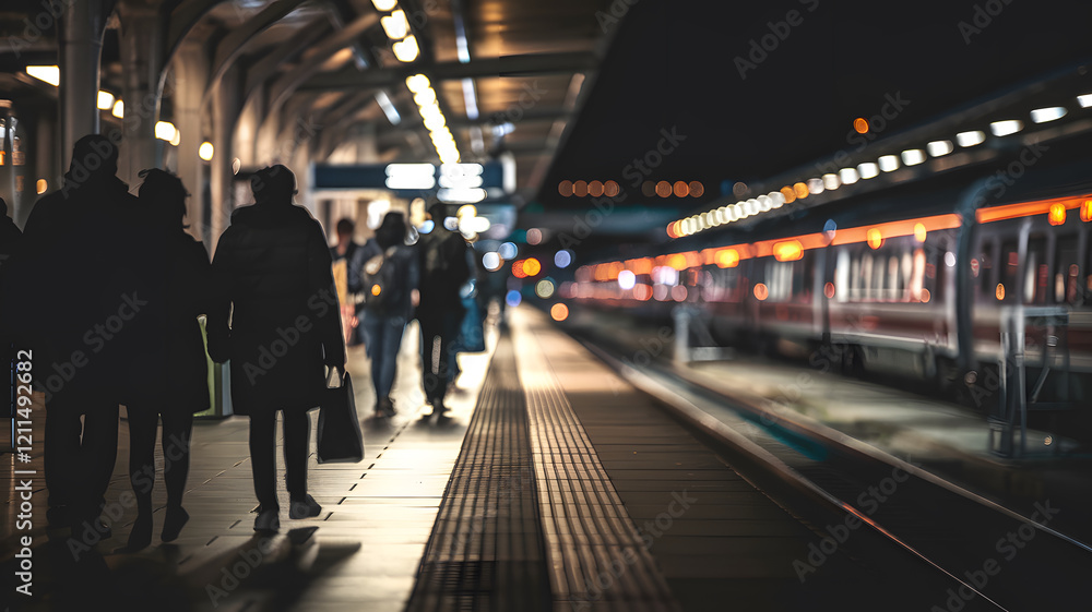 Fototapeta premium Silhouettes of people walking at a train station, creating a dramatic and moody atmosphere, perfect for illustrating urban travel themes. 
