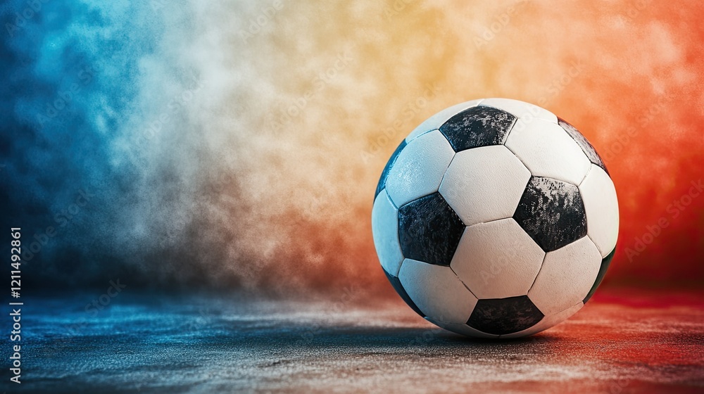 Fototapeta premium Stylized soccer ball in 3D placed on a metallic-themed gradient background for a professional sports concept.