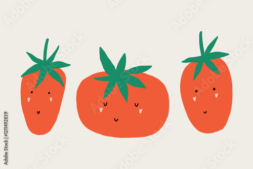 Set Cartoon Tomato Character. Funny Collection Cherry Tomatoes Kawaii Face. Cute Vegetables Mascot. Vector Hand Drawn Isolated Illustration