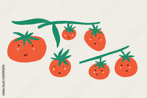 Set Doodle Tomato Character Branch Vine. Funny Collection Cherry Tomatoes Kawaii Face. Cute Vegetables Mascot. Vector Hand Drawn Isolated Illustration