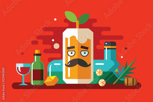 A collection of drinks and fruit representing a hangover remedy against a bright red backdrop Hangover Customizable Semi Flat Illustration