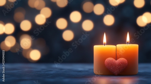 Romantic candles with soft glow and heart.