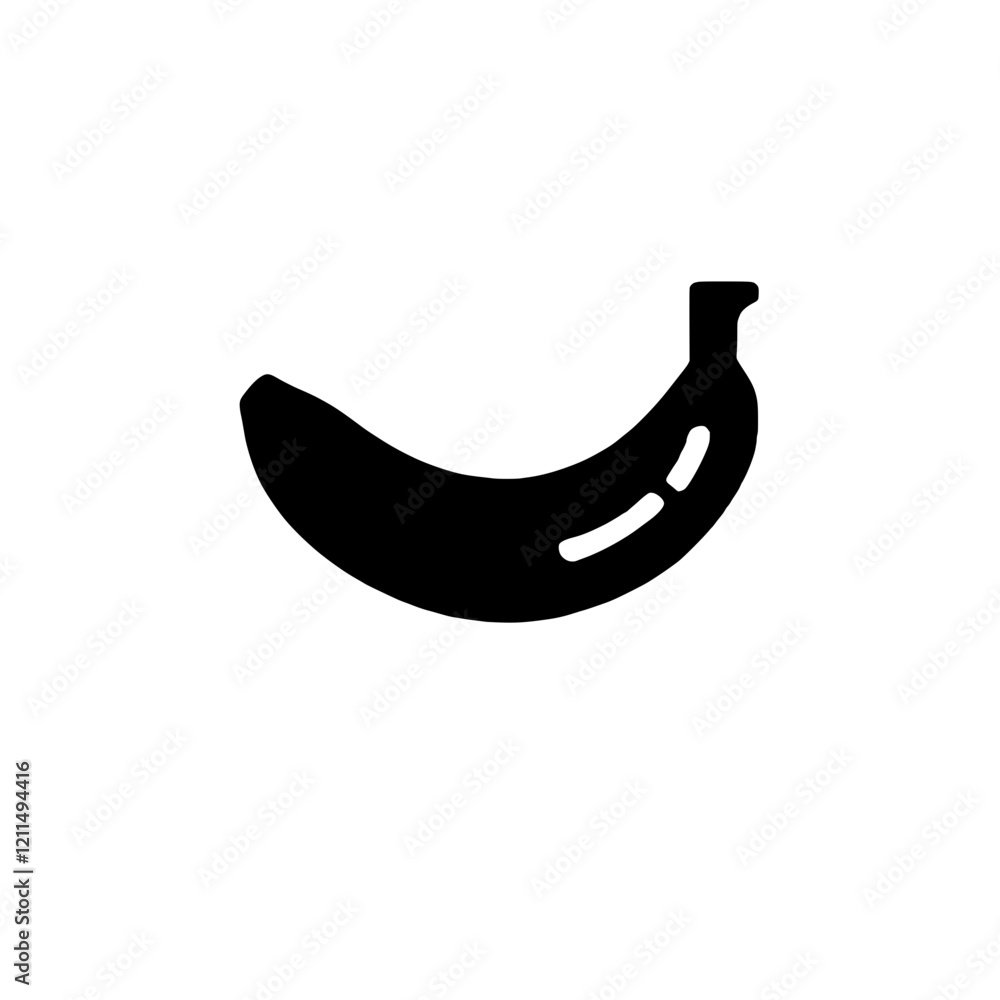 Fototapeta premium Single Banana Icon: A simple, bold black silhouette of a single banana, perfect for minimalist designs and presentations. The icon is isolated on a transparent background, ready for immediate use. 