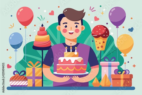 A cheerful scene showcases a birthday celebration with decorations, balloons, and a decorative cake Happy birthday Customizable Disproportionate Illustration