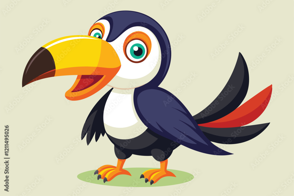 Naklejka premium A cheerful toucan bird shows its bright feathers and smiles in a lively tropical environment Happy cartoon toucan bird