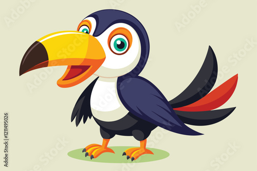 A cheerful toucan bird shows its bright feathers and smiles in a lively tropical environment Happy cartoon toucan bird