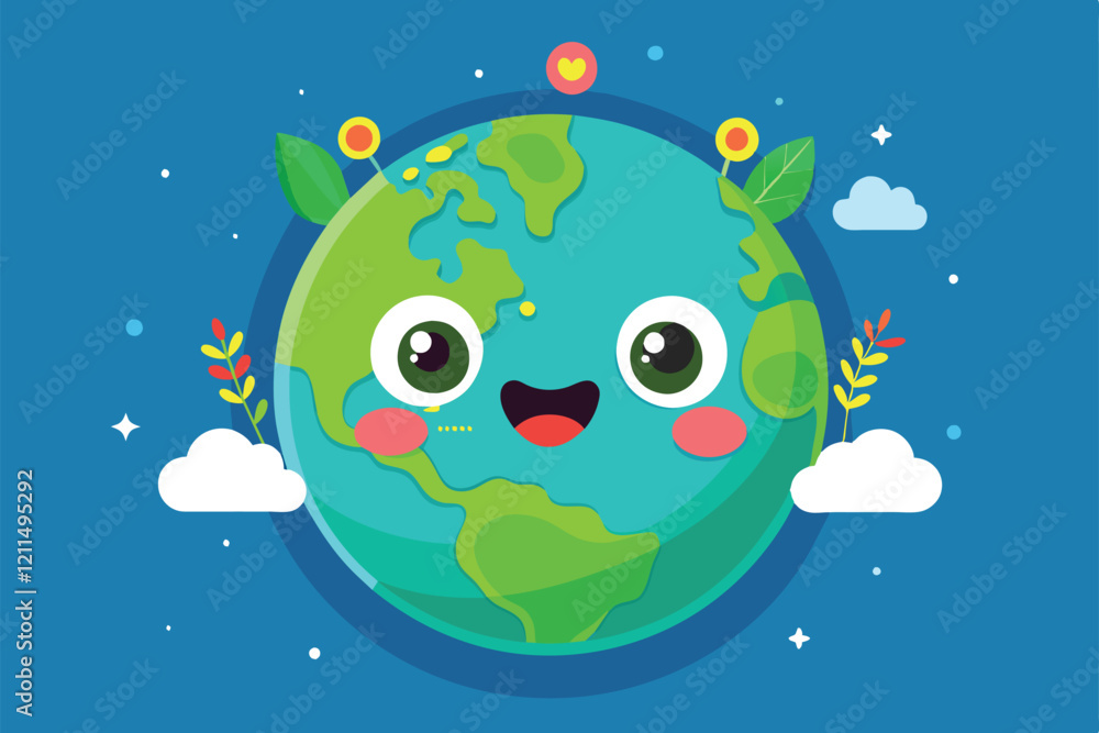 Obraz premium A happy earth character smiles amidst clouds, flowers, and greenery in a bright, engaging setting Happy earth Customizable Flat Illustration