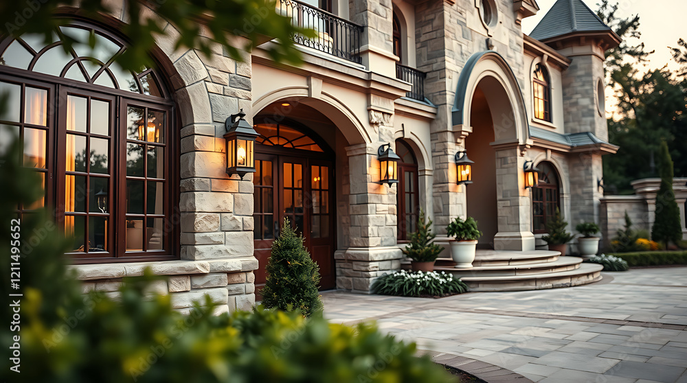 Obraz premium Majestic Stone Mansion: A Luxurious Home Exterior at Dusk