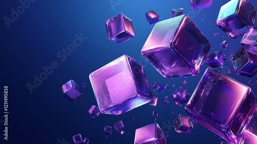 Abstract purple glass cubes floating on blue background.