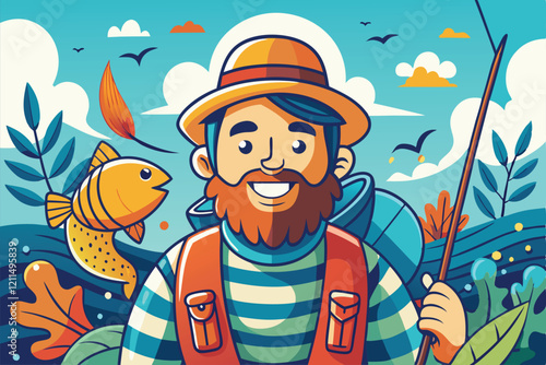 A joyful fisherman stands by the river, holding a fishing rod, with friendly fish swimming nearby Happy Fisherman Doodle Art